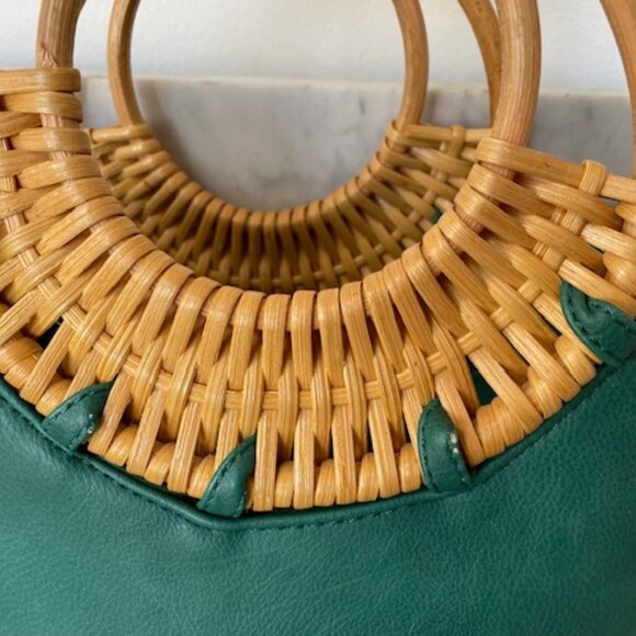 ANTHROPOLOGIE Marianne Green Tote Bag Wicker Handle - Picture 12 of 16